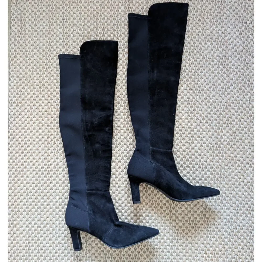 Stuart Weitzman Black Suede Stretch Over the Knee Boots Pointed Toe US 5 EU 35.5
